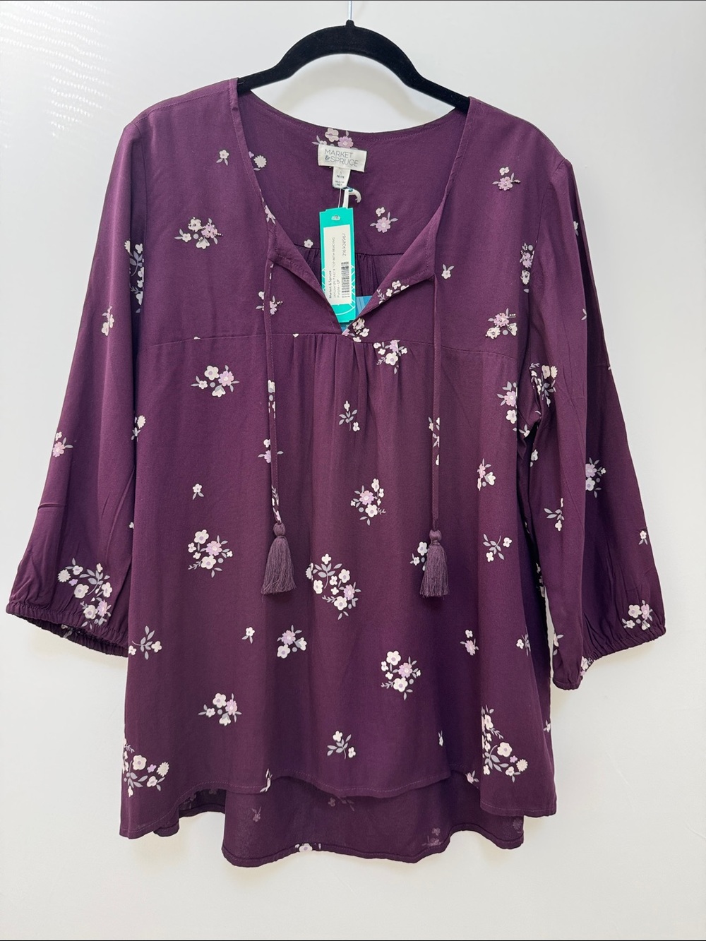 Market & Spruce Jaylah Plum Floral Split Neck Peasant Top with Tassel Ties